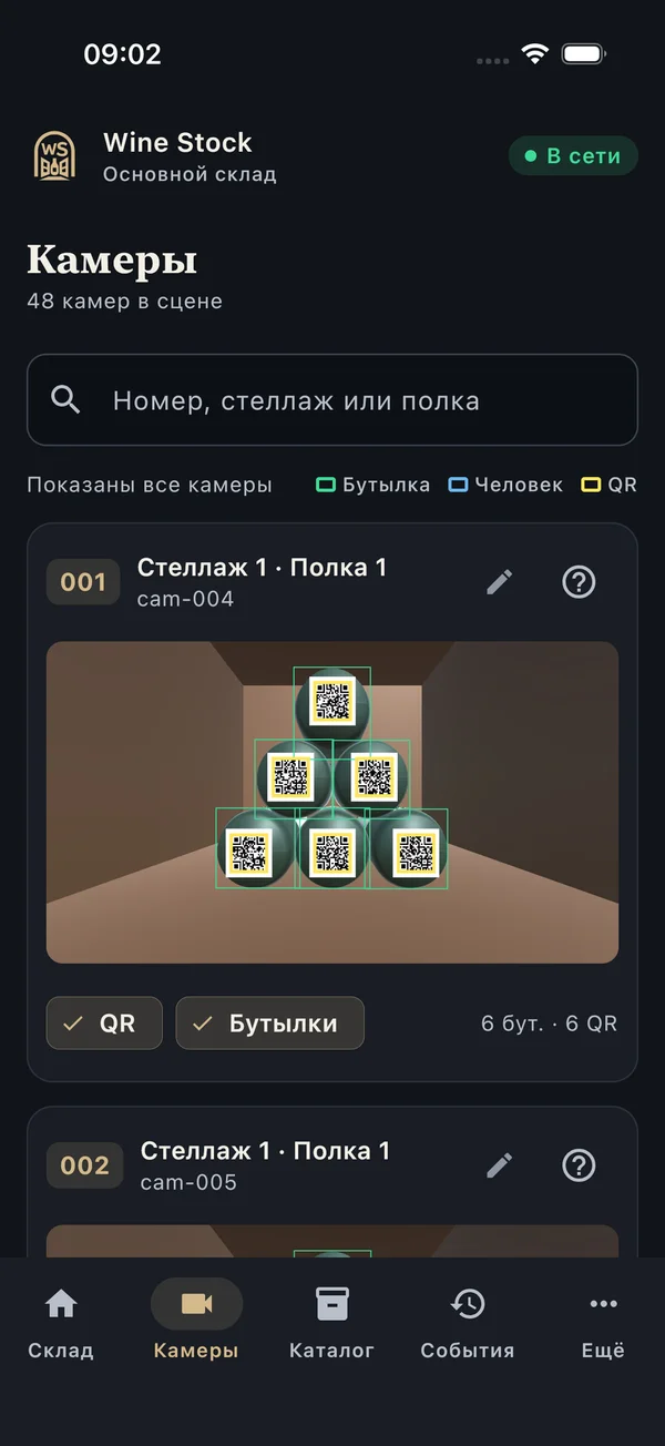 Кадр камеры с рамками вокруг прочитанных QR